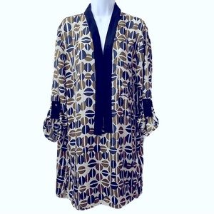 Zara Basic, Geometric, Roll Tab Long Sleeve A-Line V-Neck Strap Bow Tie Retro